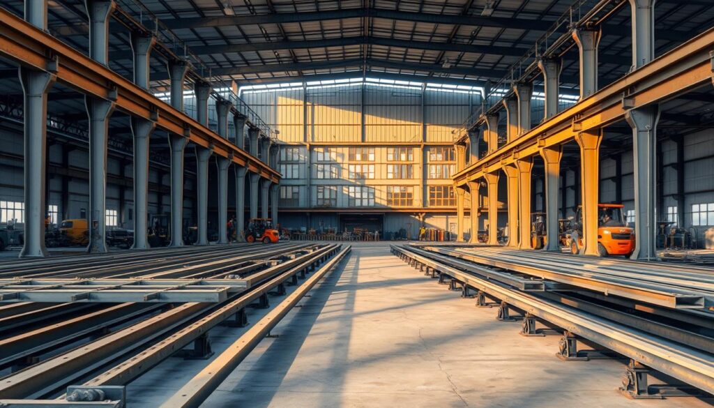A large steel fabrication facility with a modern and industrial aesthetic. In the foreground, rows of steel beams and columns stand tall, casting long shadows across the concrete floor. The middle ground features an array of welding equipment, forklifts, and workers in protective gear, highlighting the manufacturing process. In the background, the facade of the PCMC Pune building is visible, its sleek steel and glass construction gleaming in the warm, directional lighting. The overall scene conveys a sense of efficiency, technical expertise, and the production capabilities of Icon Turnkey Ventures LLP, a leading steel structure supplier.