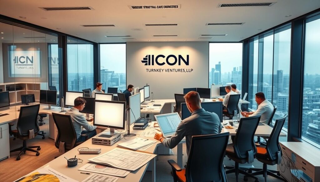 A modern structural engineering office, filled with engineers collaborating on intricate CAD designs. Sleek desks and ergonomic chairs in a well-lit, minimalist space. Glass walls offer a panoramic view of the city skyline beyond. Icon Turnkey Ventures LLP logo prominently displayed. Warm, focused lighting highlights the technical equipment and blueprints scattered across the workspace. A sense of precision, innovation, and problem-solving permeates the scene.