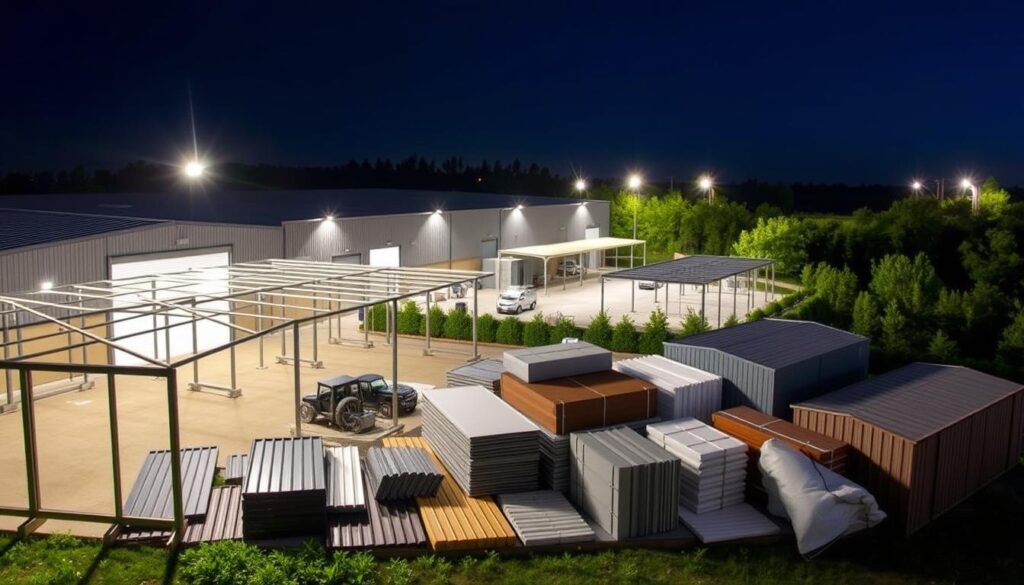 A modern, well-lit industrial warehouse exterior showcasing the products of Icon Turnkey Ventures LLP, a premium pre-engineered building supplier. The foreground features several steel frame structures in various sizes and configurations, their sleek and durable profiles highlighted by strategic lighting. In the middle ground, an array of custom metal roofing panels, wall cladding, and insulation materials are neatly displayed. The background depicts a spacious yard surrounded by lush greenery, creating a serene and professional atmosphere for the company's premium steel building solutions. The overall scene conveys a sense of quality, versatility, and attention to detail that aligns with the "Premium Steel Building Solutions for Every Need" theme.