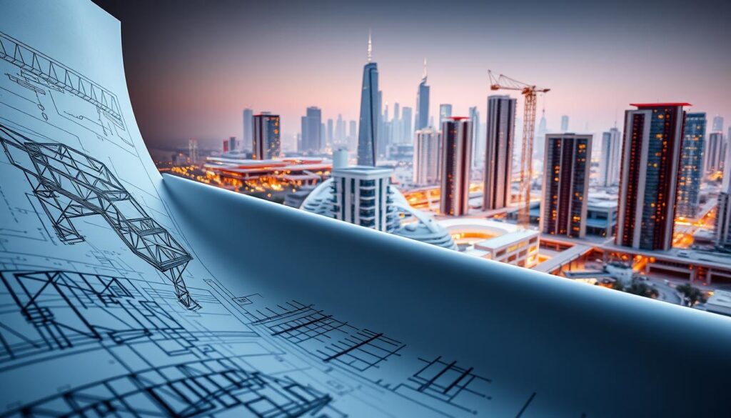 Structural design solutions, a harmonious blend of form and function. In the foreground, a sleek architectural blueprint unfolds, detailing intricate load-bearing frameworks and seamless connections. The middle ground showcases a 3D model, showcasing the innovative use of materials and cutting-edge construction techniques. In the background, a cityscape emerges, where the structural designs of Icon Turnkey Ventures LLP stand tall, both aesthetically and structurally, creating a visually striking and dynamic landscape. Soft, directional lighting enhances the depth and texture, while a wide-angle lens captures the grandeur of these comprehensive structural design solutions.