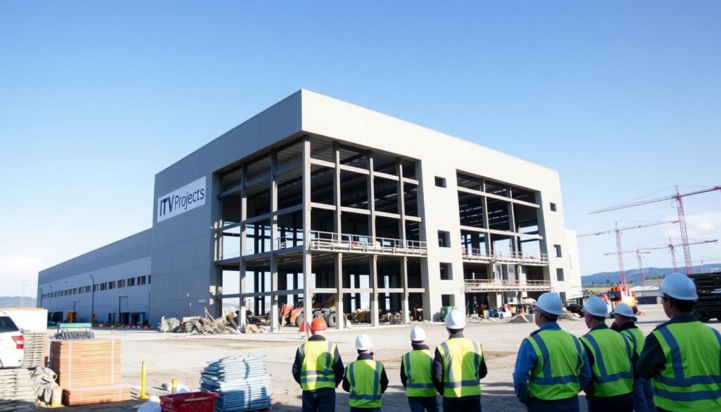 A large, modern warehouse facility with the ITV Projects brand prominently displayed. In the foreground, a team of construction workers in hard hats and safety vests oversee the building process, surrounded by piles of construction materials and heavy machinery. The middle ground features the partially completed structure, its steel beams and concrete foundations taking shape against a backdrop of a clear blue sky. In the distance, cranes and other heavy equipment dot the horizon, highlighting the scale and scope of the warehouse construction project. The scene conveys a sense of industrious progress, with attention to detail in the architectural design and efficient workflow of the construction crew.