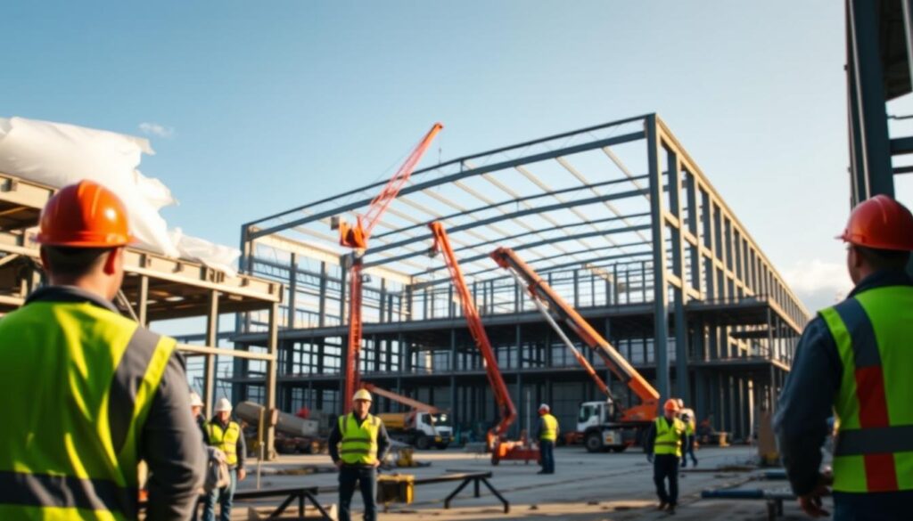 A large, modern warehouse under construction, with a focus on the expert craftsmanship and attention to detail. In the foreground, skilled workers in hard hats and high-vis vests assemble the steel frame, their tools and equipment visible. In the middle ground, cranes and heavy machinery are at work, lifting and positioning heavy materials. The background showcases the scope of the project, with the partially completed warehouse structure rising against a bright, cloudless sky. Warm, directional lighting casts shadows and highlights the textures of the materials. The overall scene conveys the efficiency and expertise of "ITV Projects" in delivering exceptional warehouse construction services.
