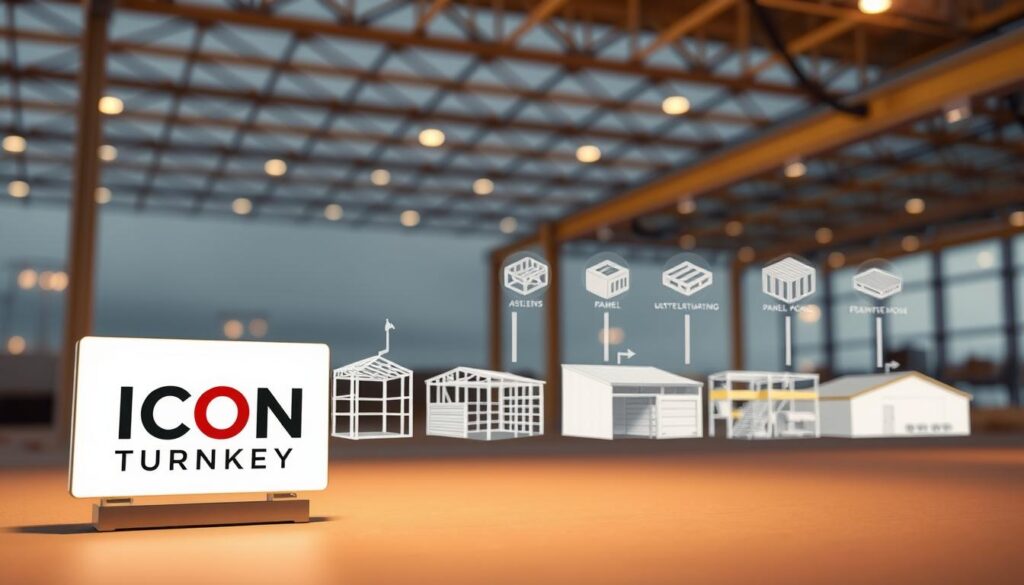 A sleek, contemporary construction timeline showcasing the efficient PEB (Pre-Engineered Building) process. In the foreground, a ICON TURNKEY brand logo stands prominently, conveying the quality and expertise of the company. The middle ground depicts the various stages of PEB construction, with detailed illustrations of steel frame assembly, panel installation, and roofing. The background features a softly lit industrial landscape, emphasizing the streamlined and modern nature of PEB construction. Warm lighting and a slightly low camera angle create a sense of scale and authority, underscoring the speed and precision of the PEB method. The overall composition is crisp, clean, and designed to highlight the advantages of PEB construction over traditional methods.