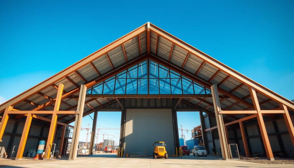A modern PEB warehouse structure by ITV Projects, showcasing technical superiority. In the foreground, sharp, angular lines of the steel frame highlight the robust architecture, with large, transparent windows allowing natural light to flood in. In the middle, tall, vast warehouse doors emphasize accessibility and functionality, while well-organized equipment and machinery suggest efficiency. The background features a clear blue sky, with a hint of industrial scenery like cranes and nearby buildings to depict a thriving construction environment. The image is captured from a low angle, allowing the structure to appear grand and imposing, with a vibrant, optimistic mood suggesting innovation and durability. The lighting is bright and clear, accentuating the architectural details without overexposure.