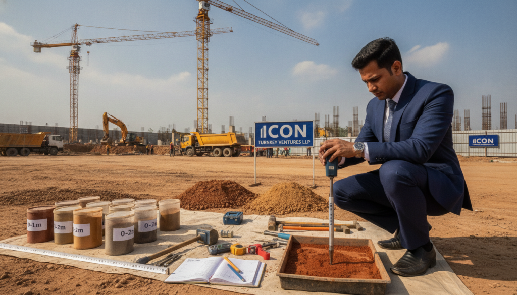 A detailed soil investigation scene in Pune, showcasing a construction site. In the foreground, an expert in professional business attire is examining soil samples with modern testing equipment, such as a soil penetrometer and geotechnical tools. The middle ground features an organized pile of soil samples collected from various depths, surrounded by measuring tapes and notes. The background captures a bustling construction site with cranes and machinery under a clear blue sky, representing industrial progress. Soft, natural lighting illuminates the scene, casting gentle shadows that create a sense of depth. The atmosphere is professional yet dynamic, reflecting the importance of soil testing in assessing construction safety. The branding of "Icon Turnkey Ventures LLP" is subtly integrated into the equipment and site signage, ensuring a cohesive representation of company involvement.