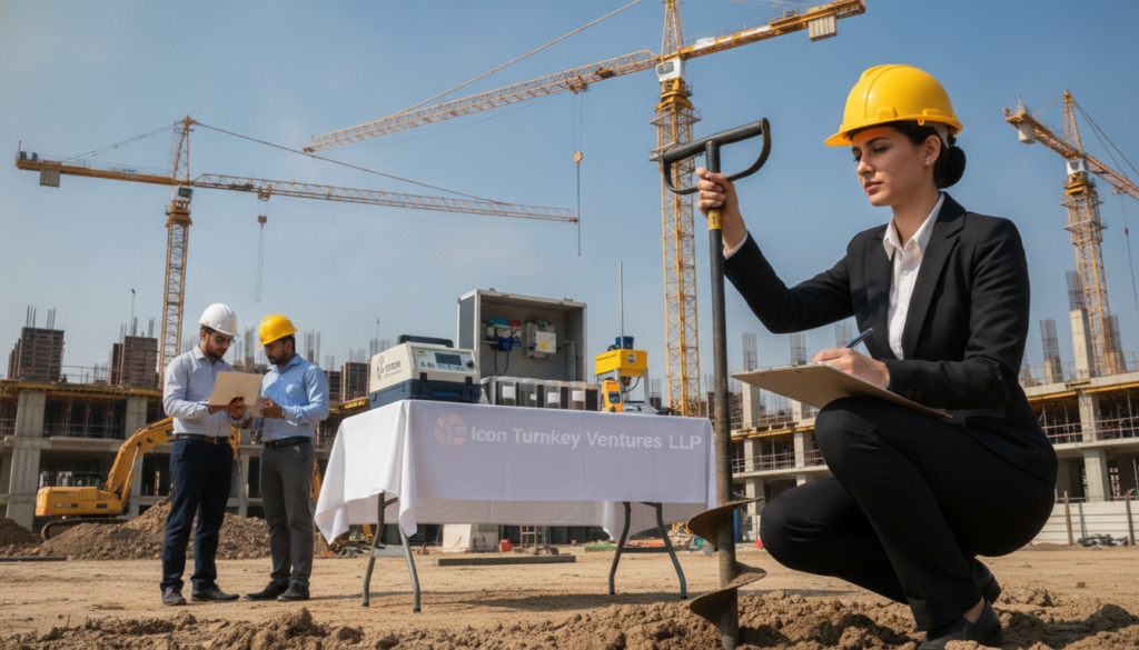 A professional soil testing scene for industrial construction, showcasing technicians in business attire conducting tests on a construction site. In the foreground, a technician is using a soil auger and examining soil samples, with a clipboard in hand. In the middle ground, a well-organized setup includes various soil testing equipment like compact soil moisture meters and a portable laboratory setup. The background features a construction site, with cranes and partially constructed buildings under a bright, clear blue sky. The lighting is natural and bright, casting soft shadows to highlight the serious, methodical atmosphere of safety and compliance. The logo of "Icon Turnkey Ventures LLP" is subtly integrated into the equipment. The mood is focused, professional, and dedicated to ensuring construction safety through thorough soil testing.