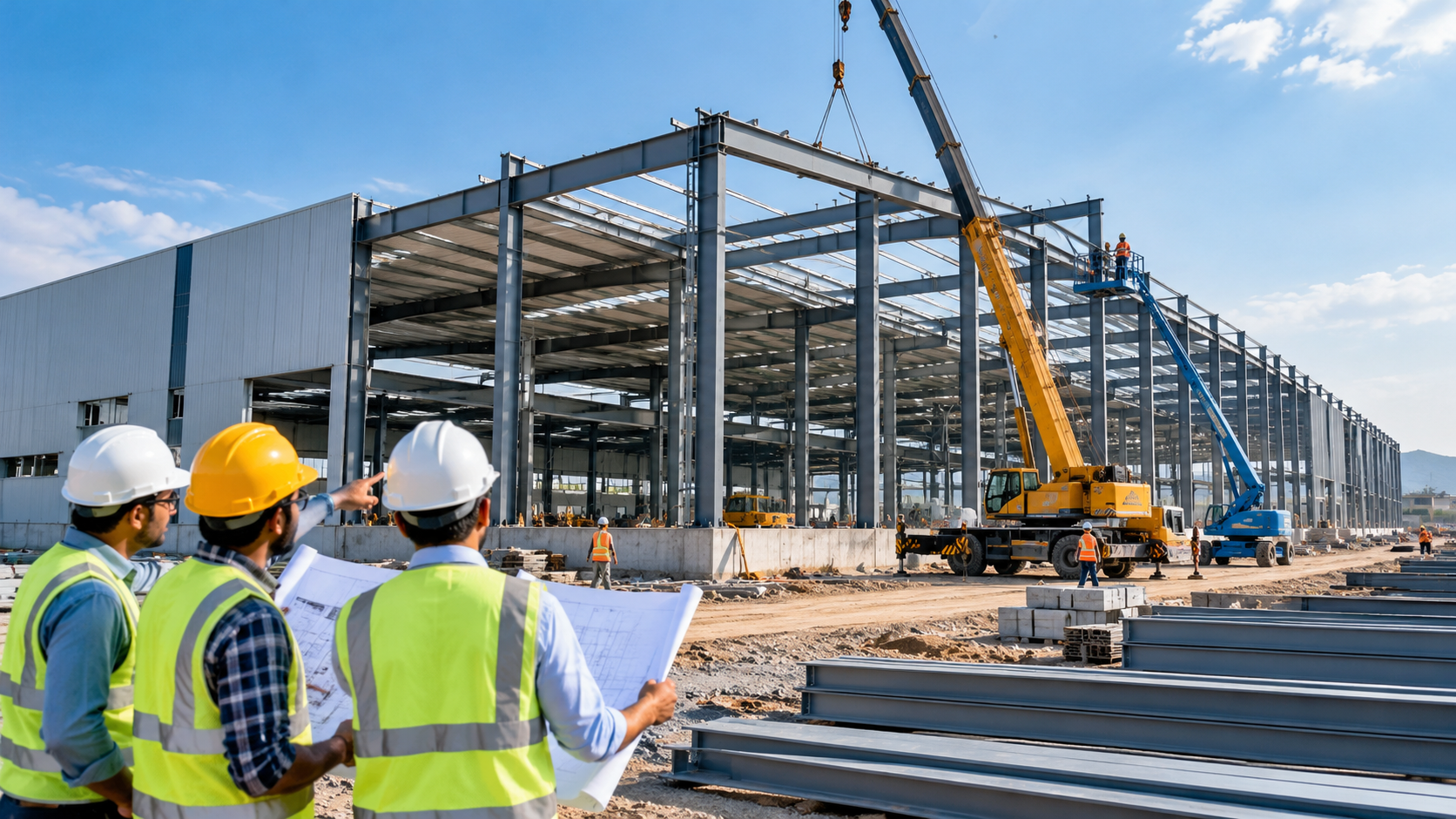 Industrial factory construction with PEB steel structure and crane at a construction site
